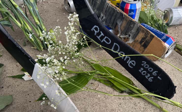 A memorial was set up for Dane Nisbet outside of The Den. April 13, 2026. (Photo by Melanie Irwin)