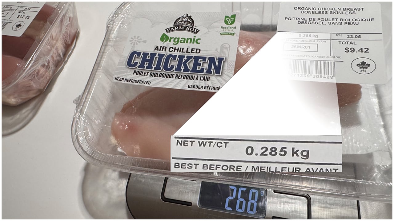 Farm Boy organic chicken being weighed on a scale. 