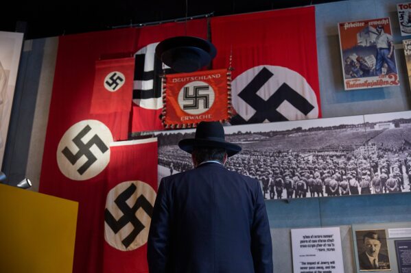 An ultra-Orthodox Jewish man visits the Yad Vashem Holocaust Memorial Museum in Jerusalem, Tuesday, April 14, 2026, as the annual Israeli memorial day for the 6 million Jews killed in the Holocaust of World War II begins at sundown on Sunday. (AP Photo/Ohad Zwigenberg)