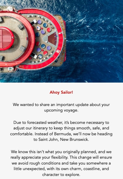 A screen grab of an email describing a change in itinerary from Bermuda to Saint John