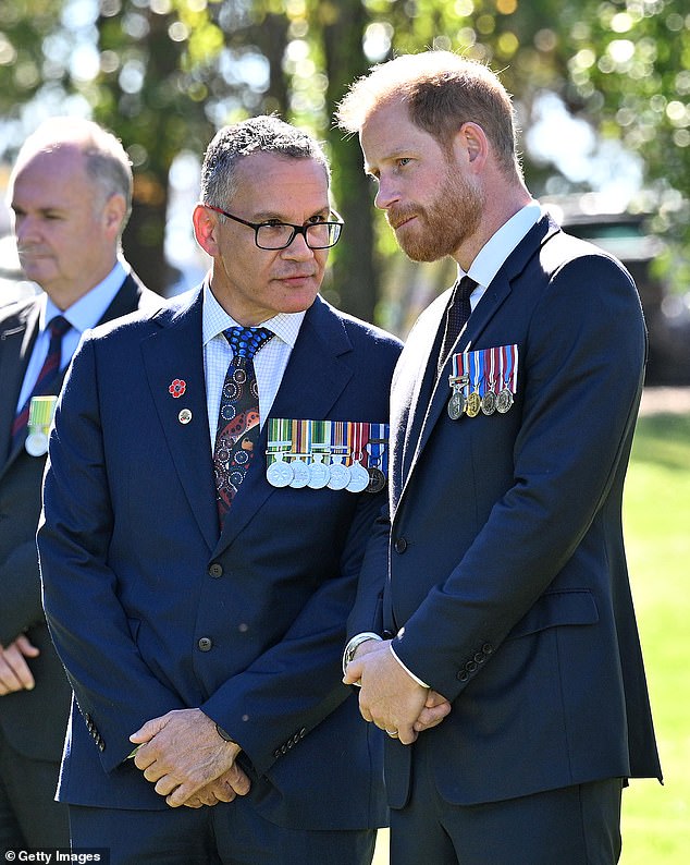 CANBERRA, AUSTRALIA - APRIL 15: (L-R) LTCOL Joseph West and Prince Harry, Duke of Sussex attend a Welcome to Country Ceremony during a visit to The Australian War Memorial on April 15, 2026 in Canberra, Australia. The Duke and Duchess of Sussex are on a four-day visit to Australia, with engagements across Melbourne, Canberra and Sydney. (Photo by Wendell Teodoro/Getty Images)