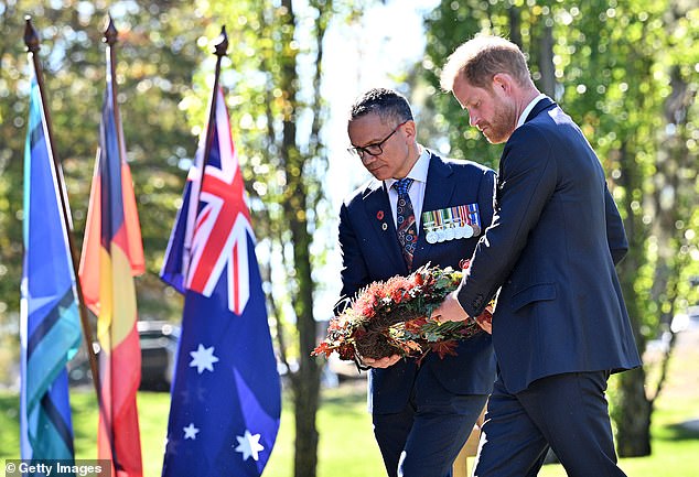 CANBERRA, AUSTRALIA - APRIL 15: Prince Harry, Duke of Sussex and LTCOL Joseph West lay a wreath and participate in a Smoking Ceremony during a visit to The Australian War Memorial on April 15, 2026 in Canberra, Australia. The Duke and Duchess of Sussex are on a four-day visit to Australia, with engagements across Melbourne, Canberra and Sydney. (Photo by Wendell Teodoro/Getty Images)