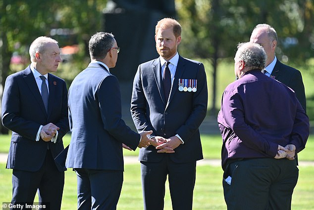 CANBERRA, AUSTRALIA - APRIL 15: LTCOL Joseph West speaks to Prince Harry, Duke of Sussex as they attend a Welcome to Country Ceremony during a visit to The Australian War Memorial on April 15, 2026 in Canberra, Australia. The Duke and Duchess of Sussex are on a four-day visit to Australia, with engagements across Melbourne, Canberra and Sydney. (Photo by Wendell Teodoro/Getty Images)