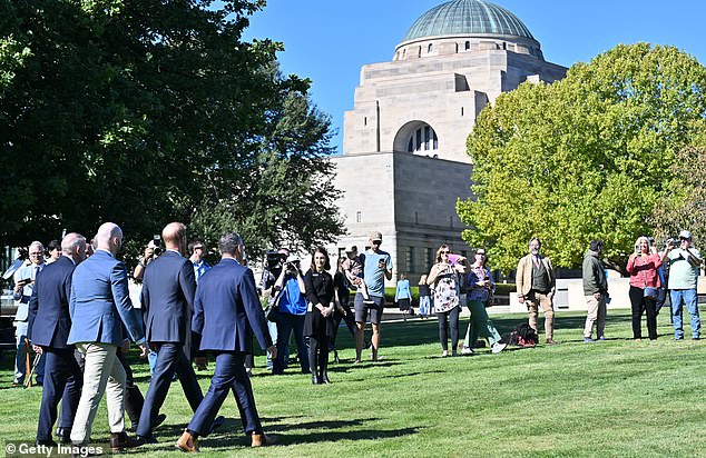 CANBERRA, AUSTRALIA - APRIL 15: Prince Harry, Duke of Sussex is escorted to the Australian War Memorial for a viewing of the 'For our Country' - Aboriginal and Torres Strait Islander memorial on April 15, 2026 in Canberra, Australia. The Duke and Duchess of Sussex are on a four-day visit to Australia, with engagements across Melbourne, Canberra and Sydney. (Photo by Wendell Teodoro/Getty Images)