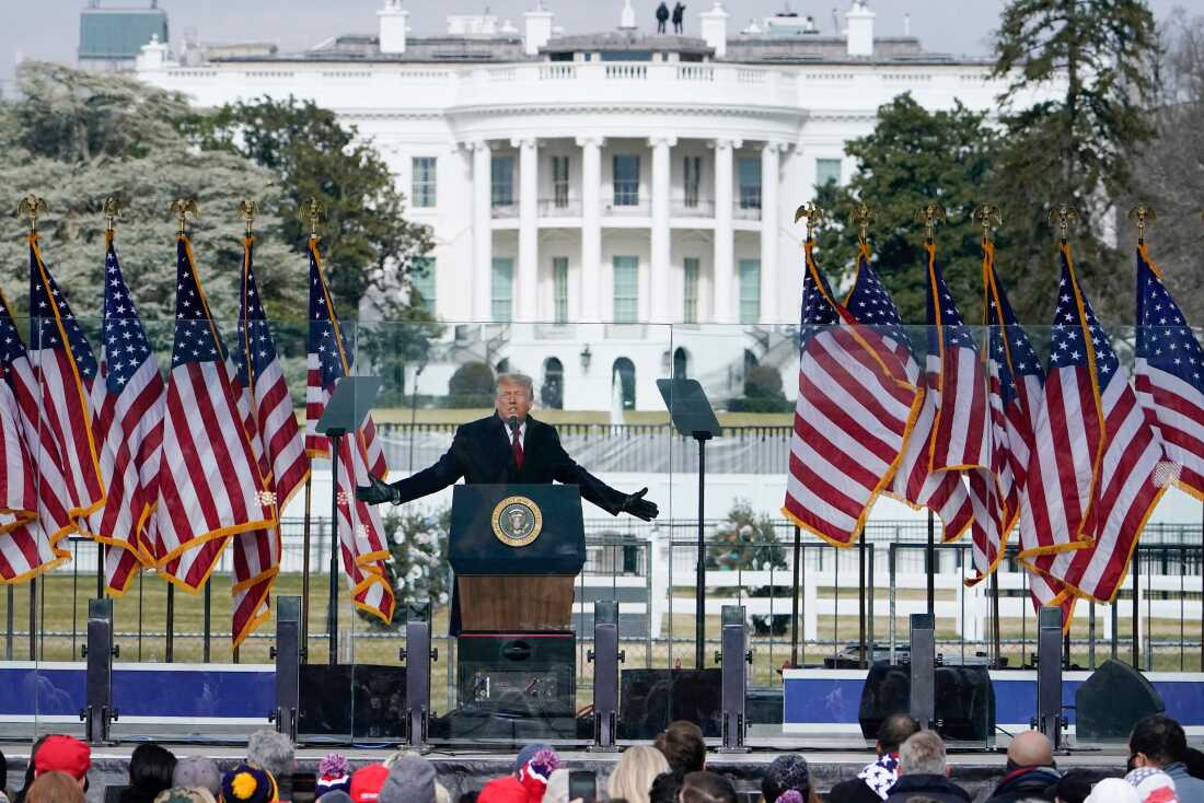 With the White House in the background, President Donald Trump speaks at a rally on Jan. 6, 2021, in Washington.