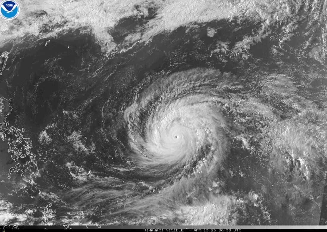 This satellite image provided by the National Oceanographic and Atmospheric Administration (NOAA) shows super typhoon Sinlakua in the Pacific Ocean, Monday, April 13, 2026.