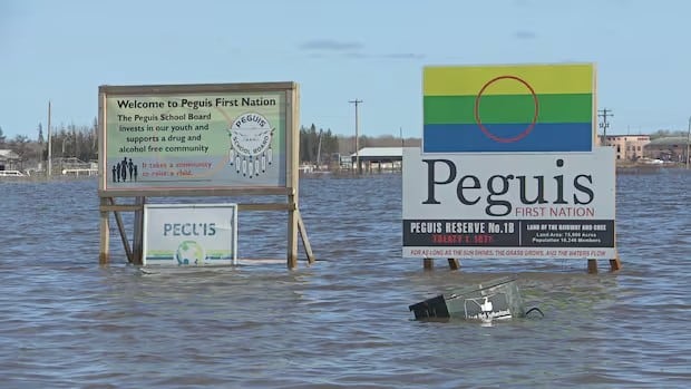 Signs for Peguis First Nation stand in a water from flooding in 2022