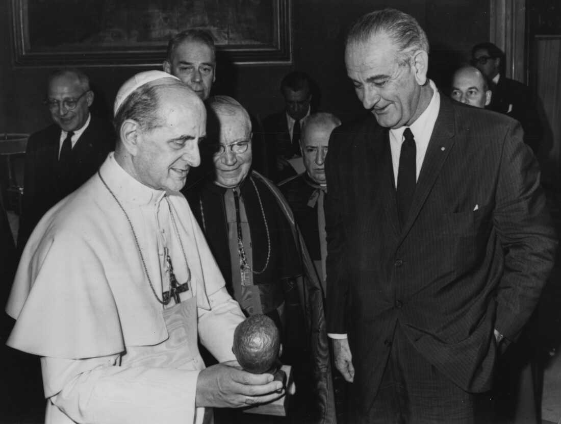 Pope Paul VI (left) talking to US President Lyndon B Johnson during a special audience at the Vatican City, Rome, December 23rd 1967.