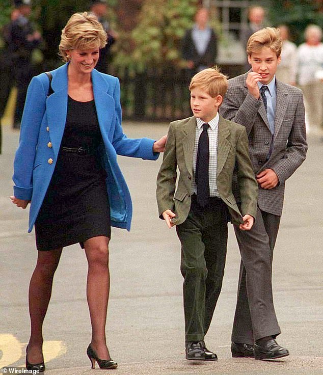 Prince William with Diana, Princess of Wales and Prince Harry on the day he joined Eton in September 1995. (Photo by Anwar Hussein/WireImage)