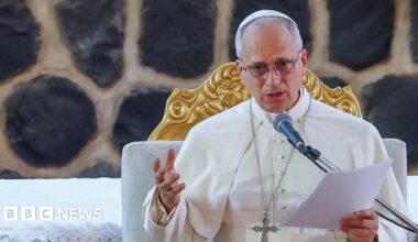 Pope Leo speaks at a podium.