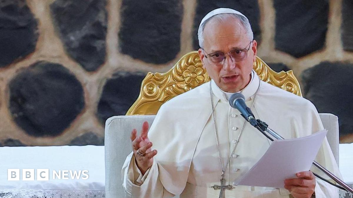 Pope Leo speaks at a podium.