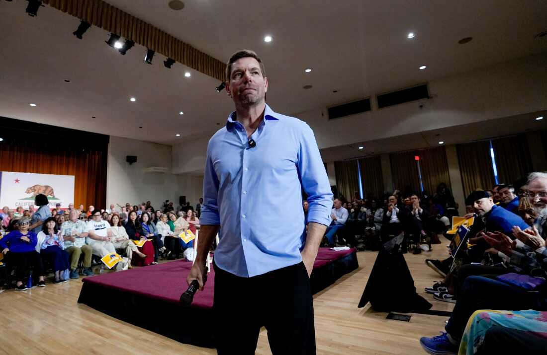 Eric Swalwell participates in a town hall in Sacramento, Calif., on April 7 — just days before he dropped his bid for California governor and resigned from Congress.