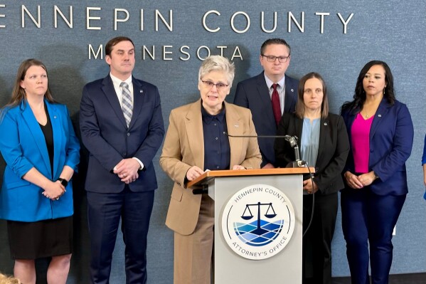 Hennepin County Attorney Mary Moriarty announces charges against an Immigration and Customs Enforcement agent related to a February incident on Thursday, April 16, 2026 in Minneapolis, Minn. (AP photo/Mark Vancleave)