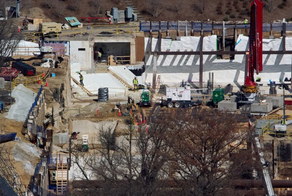 As seen from the Washington Monument, construction of the White House ballroom continues March 10, 2026, where the East Wing once stood. (AP Photo/Jacquelyn Martin, File)
