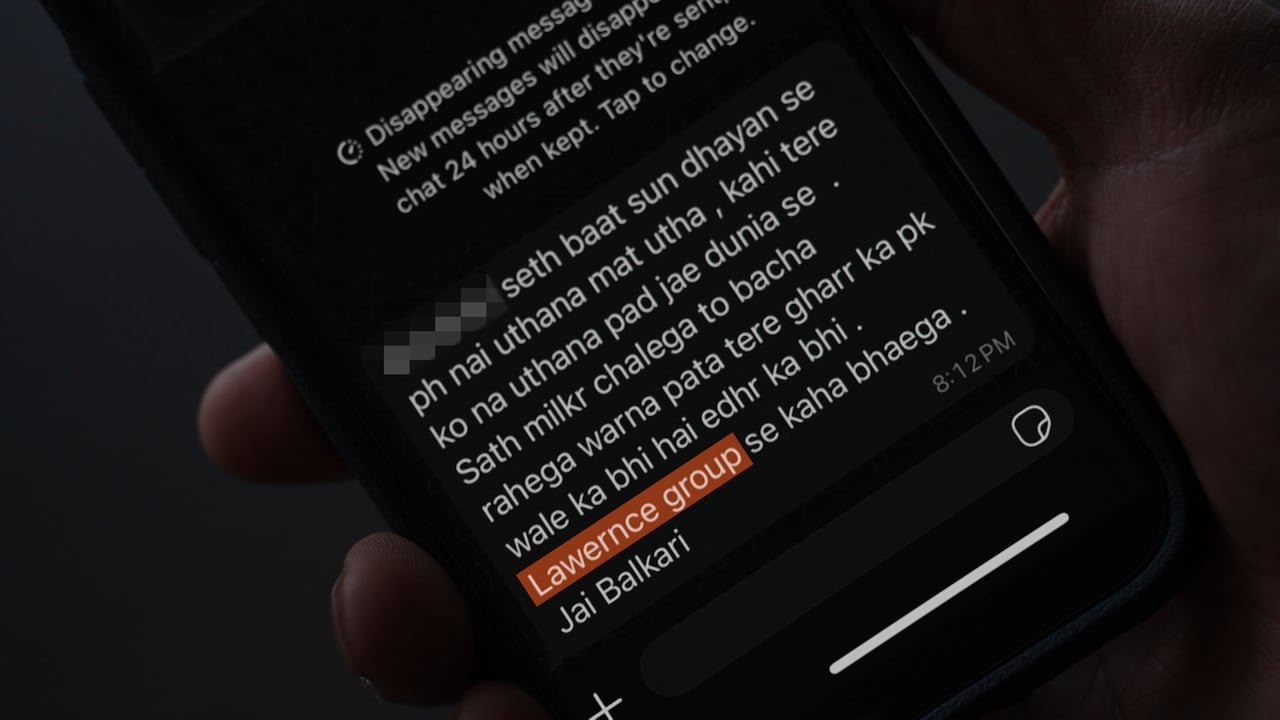 A screenshot of a message received by a confidential source appears to show a death threat from the Lawrence Bishnoi group written in Hindi.