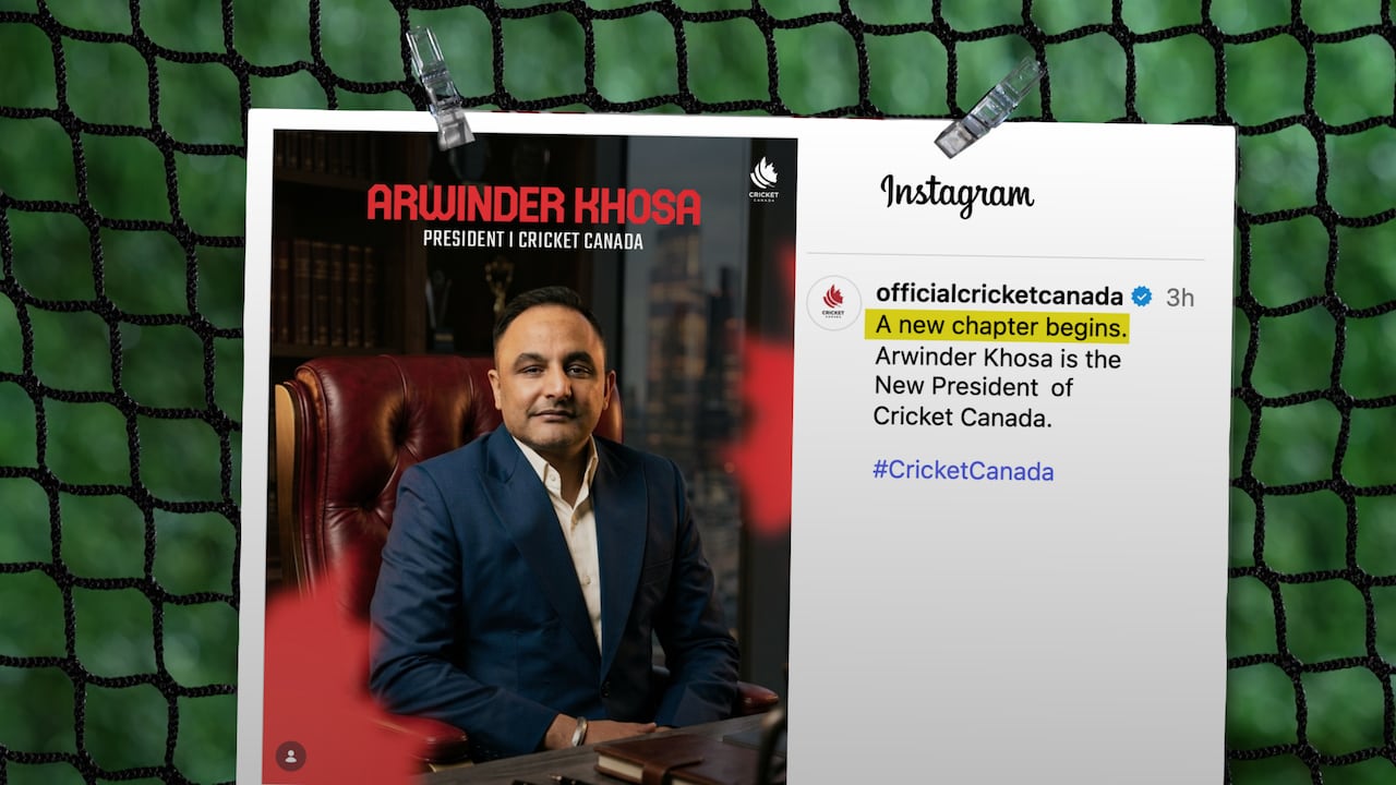 An Instagram post shows a photo introducing new president of Cricket Canada Arvinder Khosa.