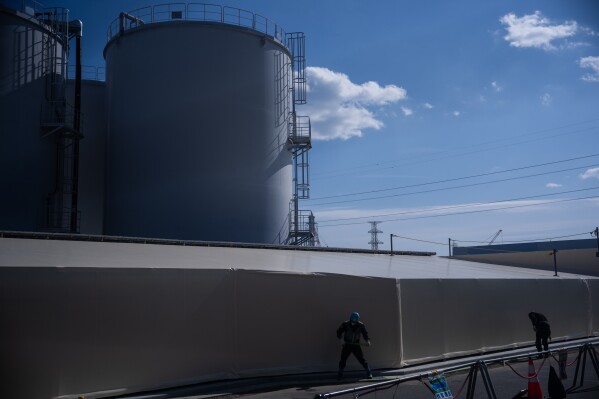 Water storage tanks set to be dismantled are visible at the Fukushima Daiichi nuclear power plant, operated by Tokyo Electric Power Company (TEPCO), in Okuma, Fukushima Prefecture, Feb. 12, 2026. (AP Photo/Louise Delmotte, File)