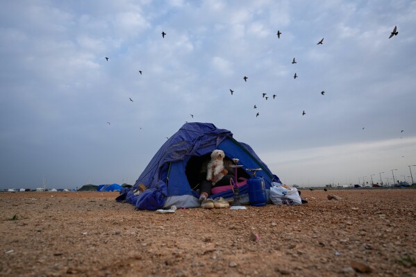 A displaced woman holding her dog sits in her tent in Beirut, Lebanon, awaiting an official order from Hezbollah to return to her home in south Lebanon following a ceasefire between Hezbollah and Israel, Friday, April 17, 2026. (AP Photo/Hussein Malla)