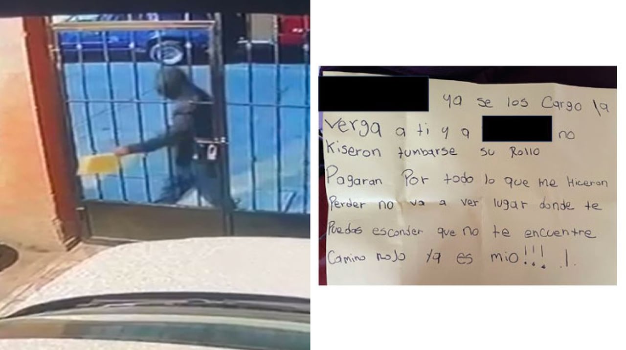 A composite photograph of a hooded man dropping of a piece of paper next to the contents of the paper.