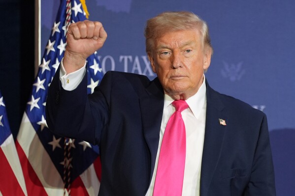 President Donald Trump gestures after a roundtable event about no tax on tips, Thursday, April 16, 2026, in Las Vegas. (AP Photo/Alex Brandon)