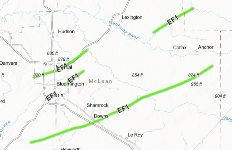 A map with the tracks of five tornados through McLean County Friday night.