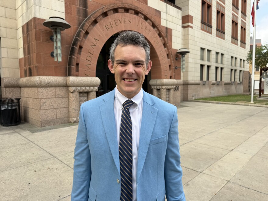 TJ Mayes in front of the courthouse, across the street from San Fernando