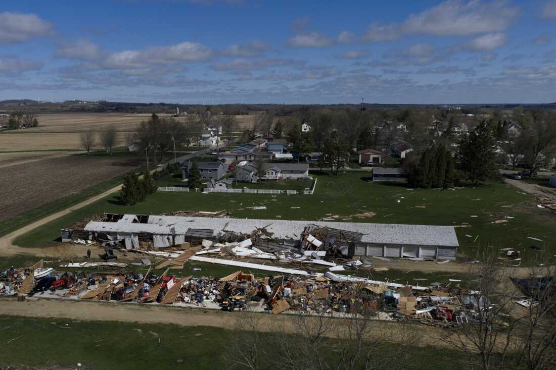 An aerial view shows damage from a tornado, on Saturday in Lena, Ill.