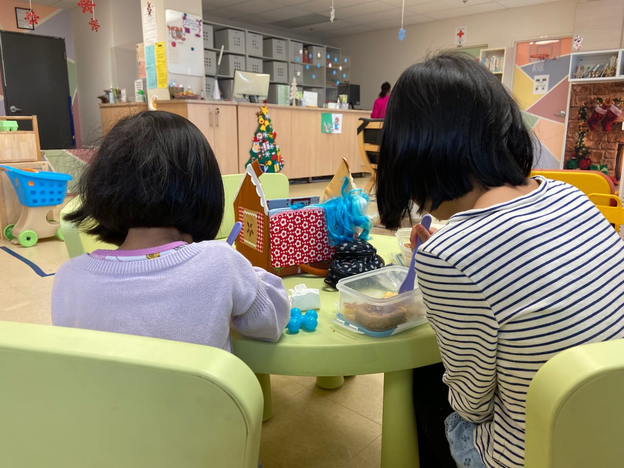 two children are pictyre seated playing at a daycare