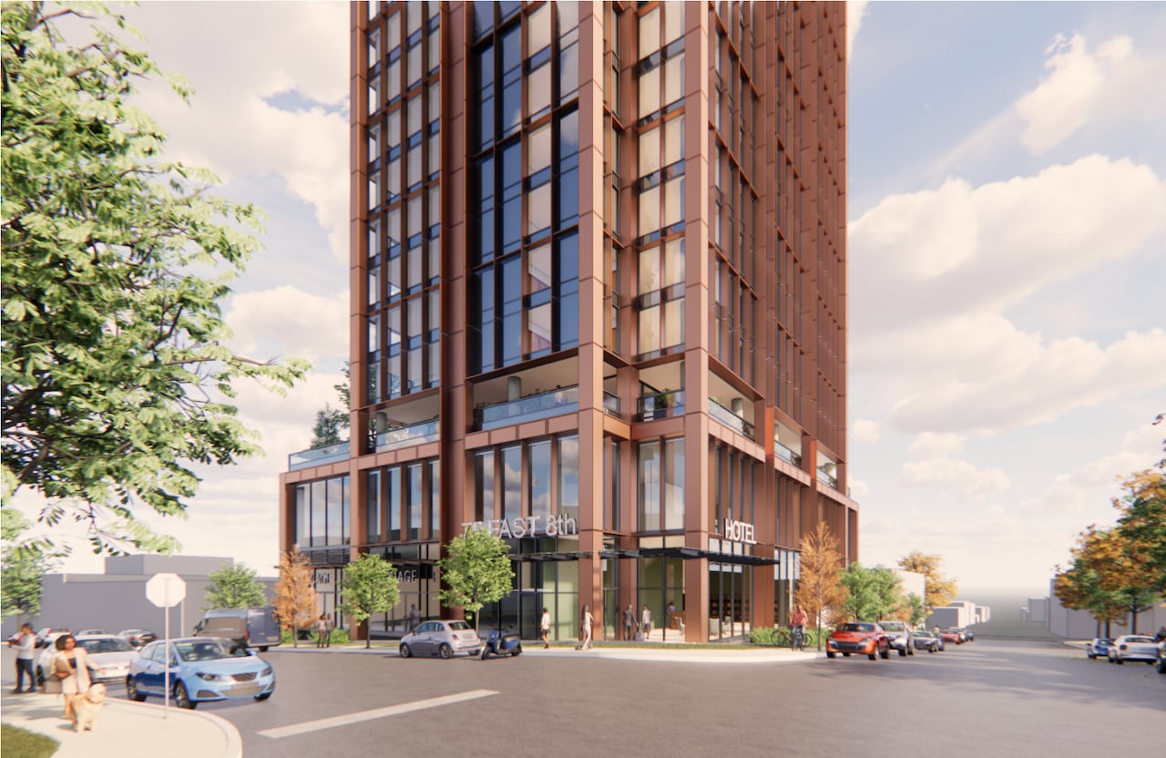 An artist's rendering of a 21-storey hotel.