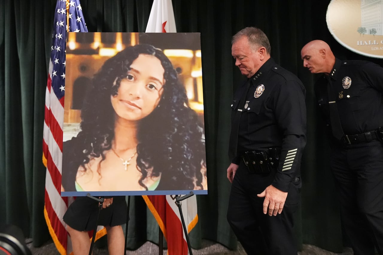 LAPD Chief Jim McDonnell walks past an image of Celeste Rivas Hernandez Monday, April 20, 2026, in Los Angeles