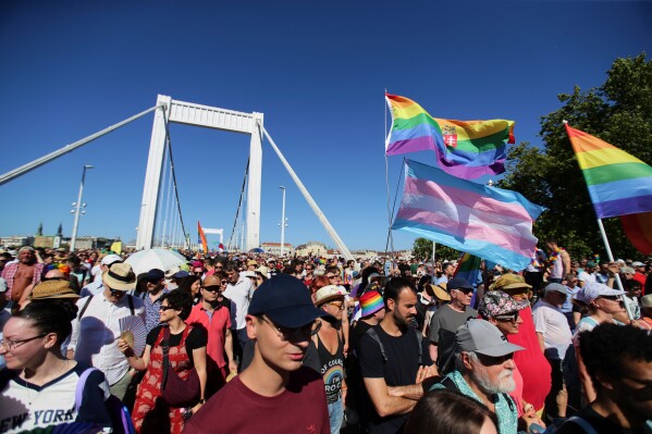 Participants in the Pride march cross the Elisabeth Bridge in Budapest, Hungary, Saturday, June 28, 2025. (AP Photo/Rudolf Karancsi, File)