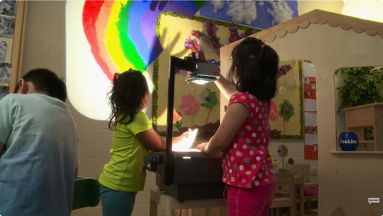 Children play with a light projector