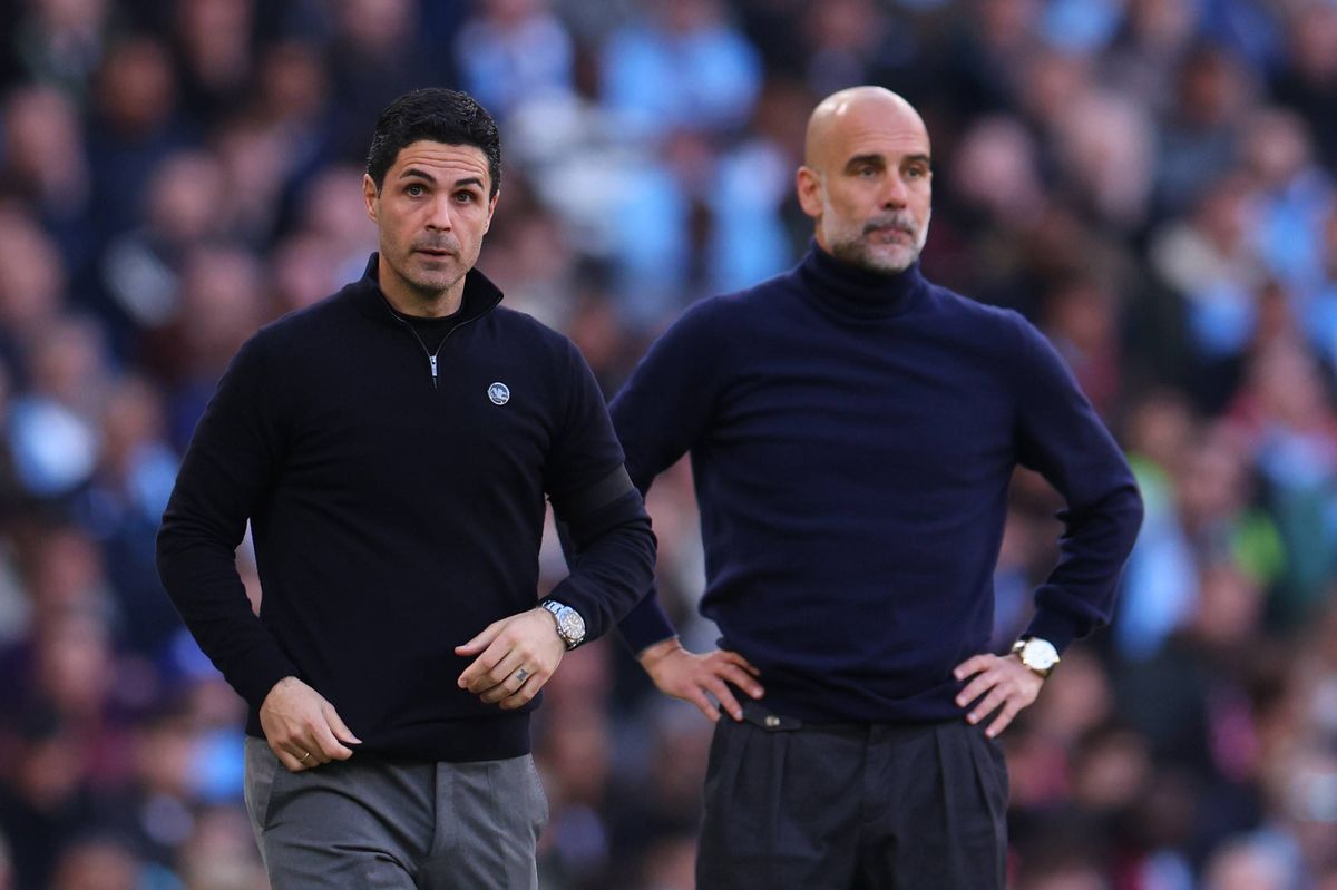 MANCHESTER, ENGLAND - APRIL 19: Mikel Arteta manager / head coach  of Arsenal reacts during the Premier League match between Manchester City and Arsenal at Etihad Stadium on April 19, 2026 in Manchester, England. (Photo by Catherine Ivill - AMA/Getty Images)
