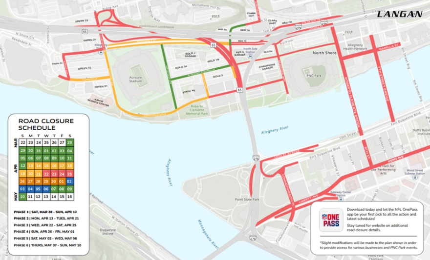 A map of the North Shore and Downtown shows planned road closures during the NFL Draft. 