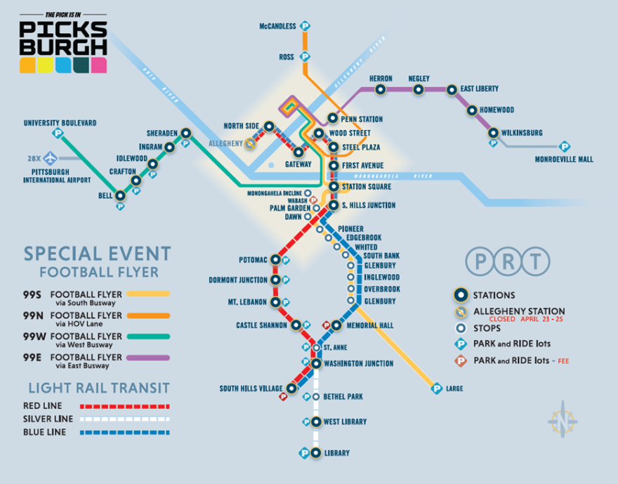A map showing routes that will have expanded service during the NFL Draft