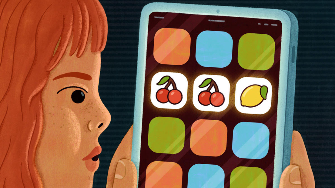 An illustration shows a child holding a phone. Illustrated apps show "cherry, cherry, lemon" icons that you might see on a slot machine. 