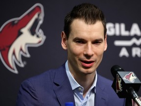 Former Arizona Coyotes general manager John Chayka speaks during a press conference in 2019.