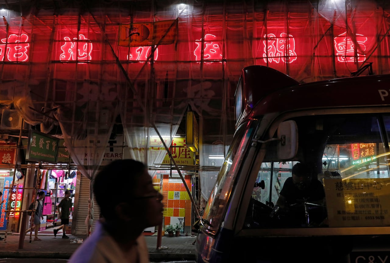 neon lights in a city.