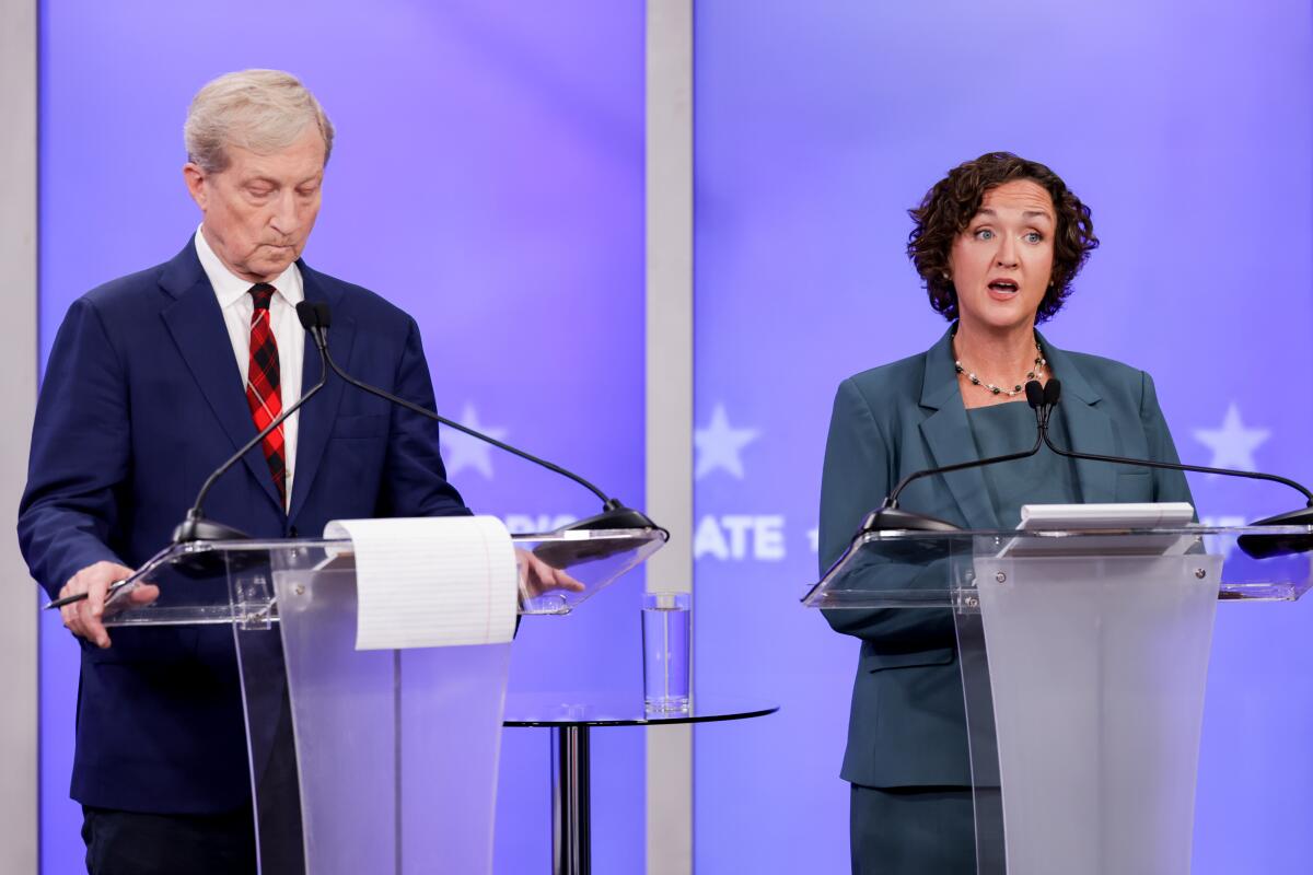 Candidates Tom Steyer, left, and Katie Porter, at Wednesday's debate.