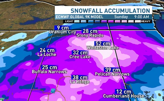 snowfall weather map of northern Saskatchewan