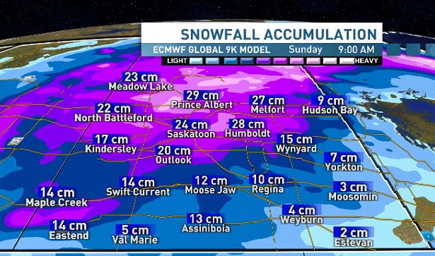 weather map of southern Saskatchewan.
