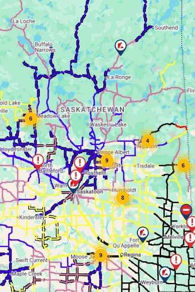 A snapshot the Saskatchewan highway hotline on April 25th at 7:40 a.m.