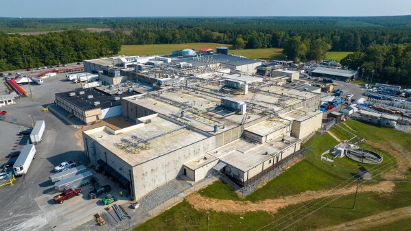An aerial view of the Boar's Head processing plant, Aug. 29, 2024, in Jarratt, Va. (AP Photo/Steve Helber, File)