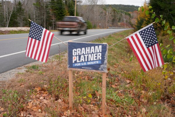 A campaign sign for Democratic candidate for U.S. Senate Graham Platner is seen Nov. 3, 2025, in Sullivan, Maine. (AP Photo/Robert F. Bukaty, File)