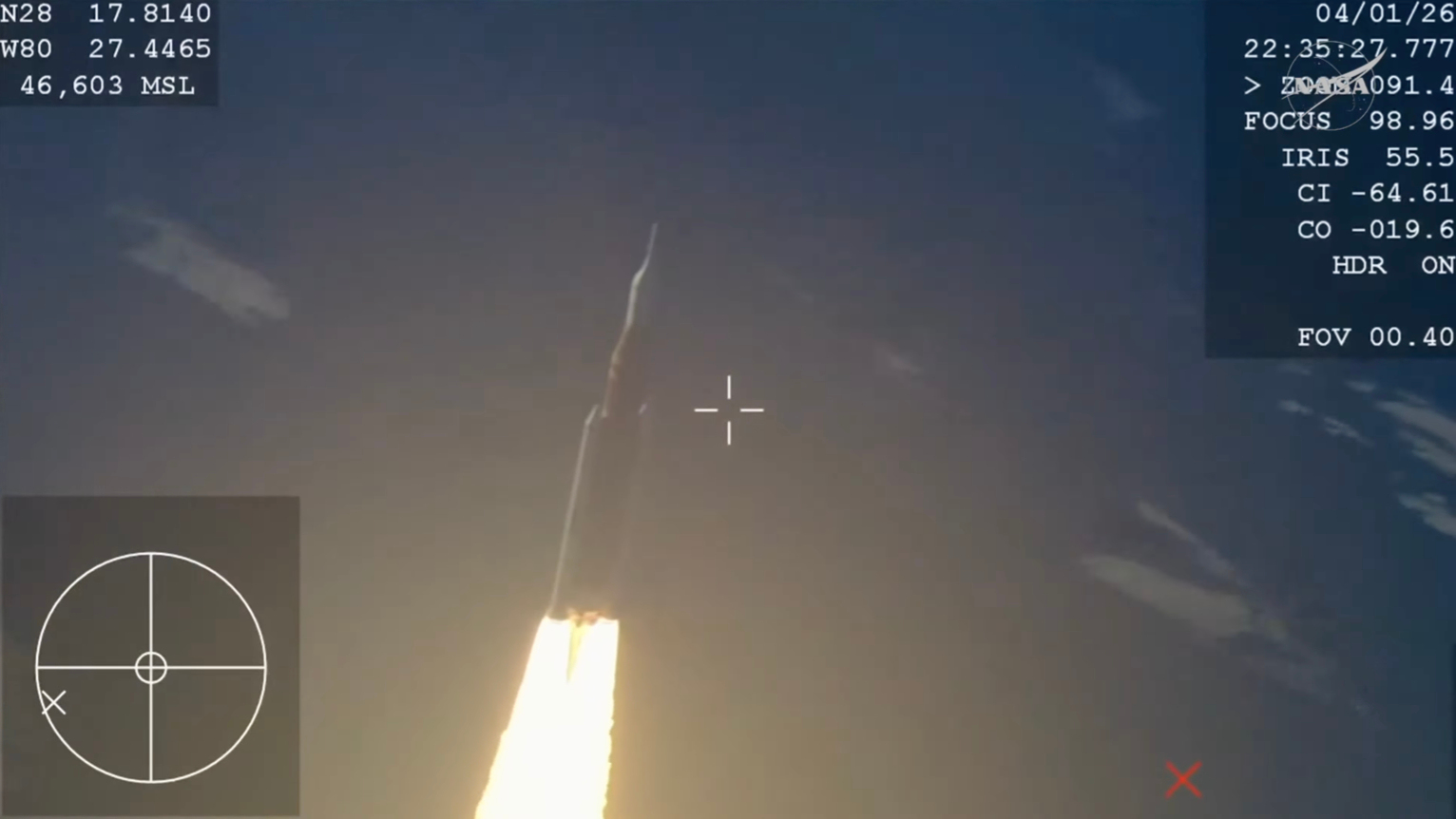 In this image from video provided by NASA, the Artemis II moon rocket with the Orion spacecraft launches from the Kennedy Space Center in Cape Canaveral, Fla. on April 1, 2026.