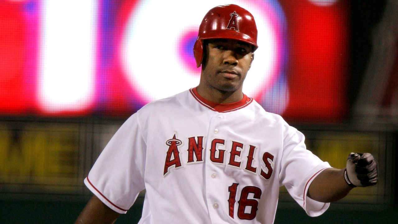 Los Angeles Angeles' Garret Anderson after hitting an RBI-base hit during the first inning of their Major League Baseball game, Sept. 7, 2007, in Los Angeles.