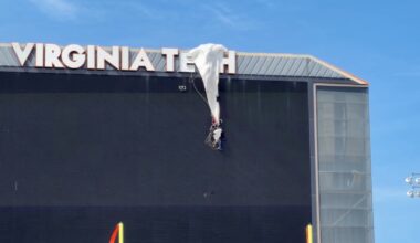 Video shows skydiver rescued after crashing into scoreboard, dangles from parachute at Virginia Tech spring football game