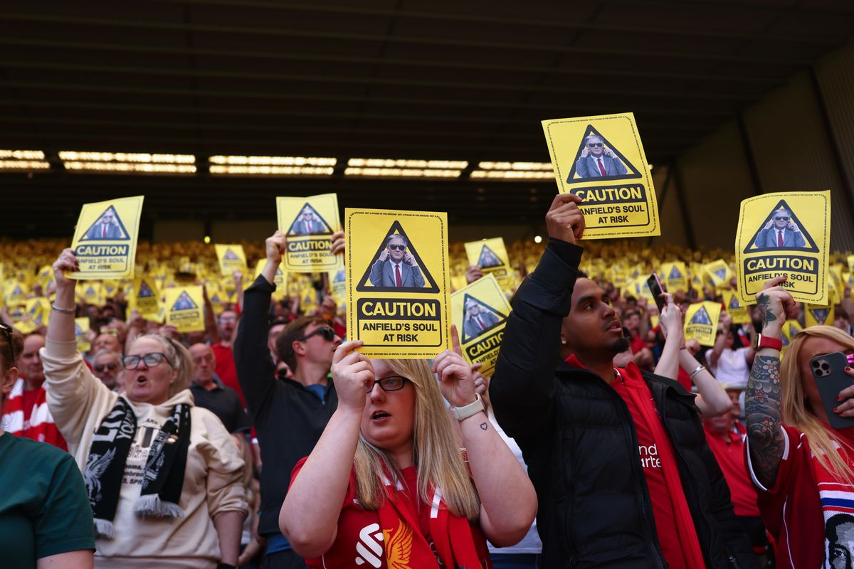 Fans of Liverpool protest against the clubs ownership, John Henry and FSG regarding ticket price increases