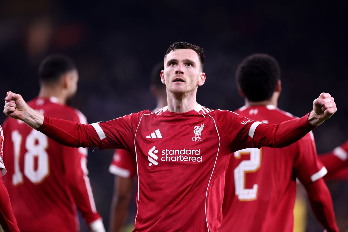 WOLVERHAMPTON, ENGLAND - MARCH 06: Andrew Robertson of Liverpool celebrates scoring his team's first goal during the Emirates FA Cup Fifth Round match between Wolverhampton Wanderers and Liverpool on March 06, 2026 in Wolverhampton, England. (Photo by Alex Livesey/Getty Images)