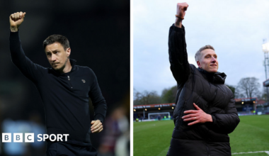 A composition image of York City manager Stuart Maynard and Rochdale manager Jimmy McNulty raising their arms in loft in celebrations after wins for their respective clubs in the National League 2025-26 title race